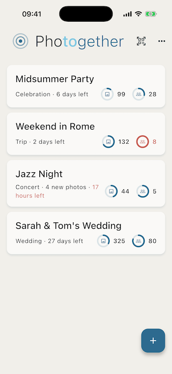 The Photogether album list — a wedding, a trip, a party, each its own shared album