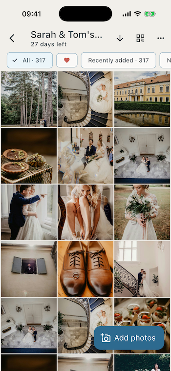 A wedding album filling with everyone's photos, live